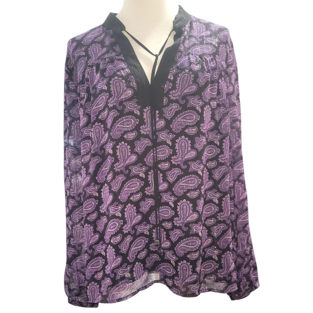 Michael kors Purple black Paisley sheer long sleeve Top blouse xl